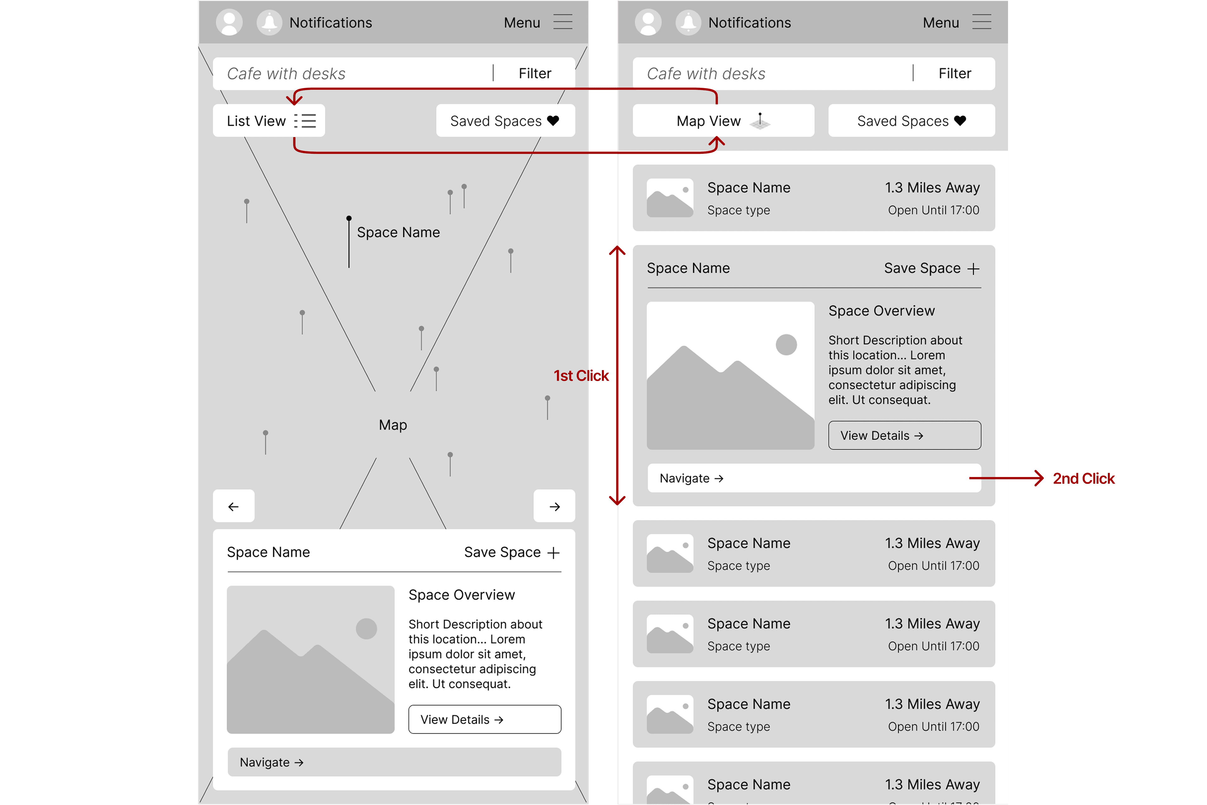 Spaces list-view wireframe