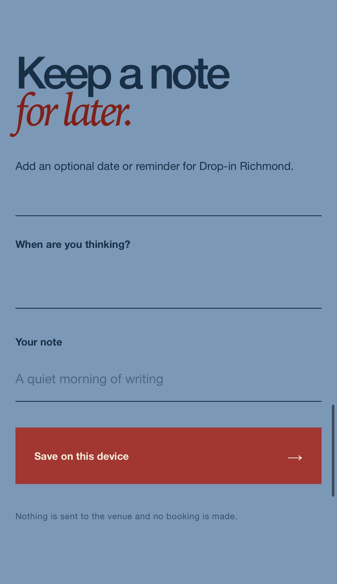 The completed mobile interaction for saving a personal note against a place