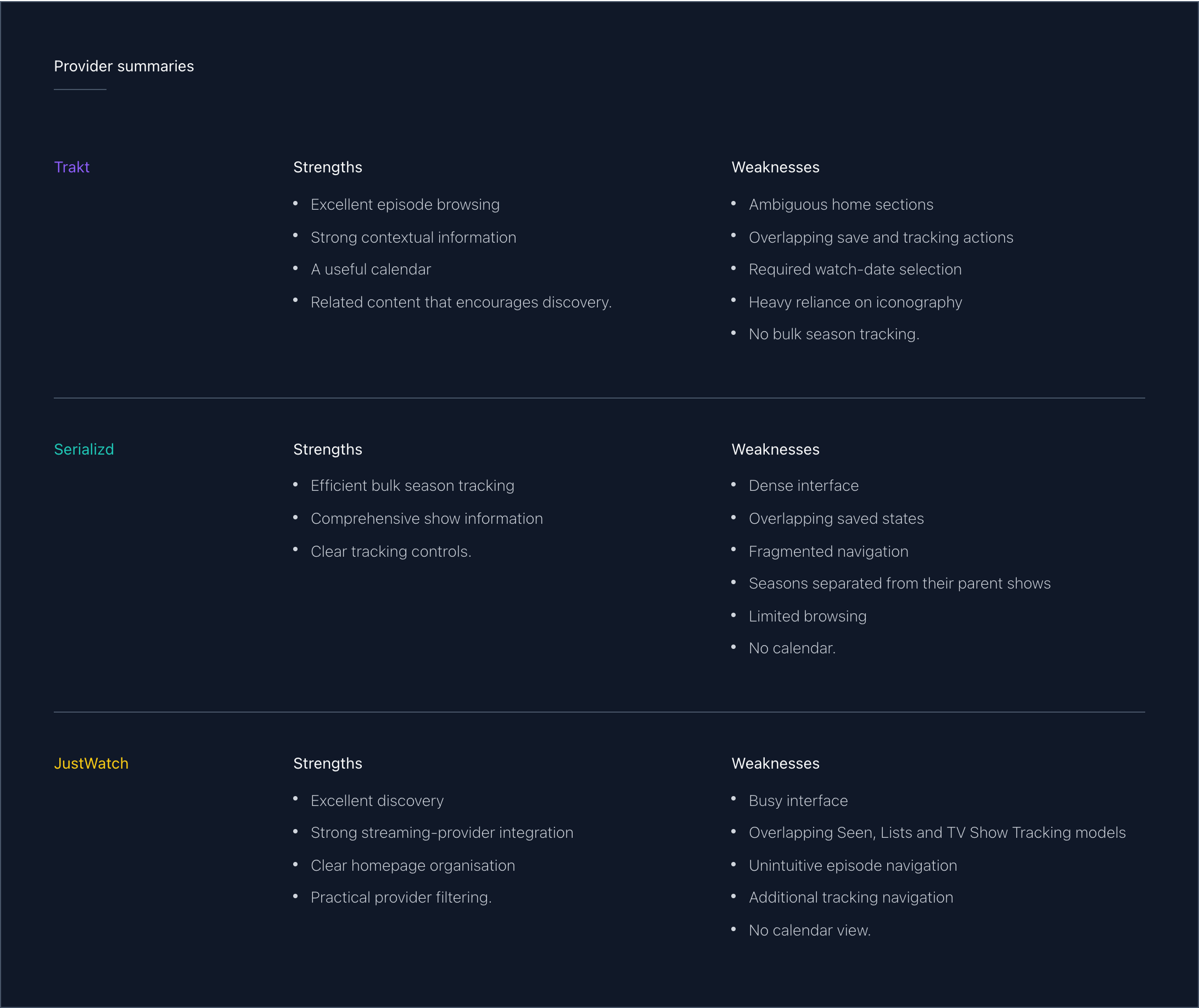 Strengths and weaknesses summaries for Trakt, Serializd and JustWatch